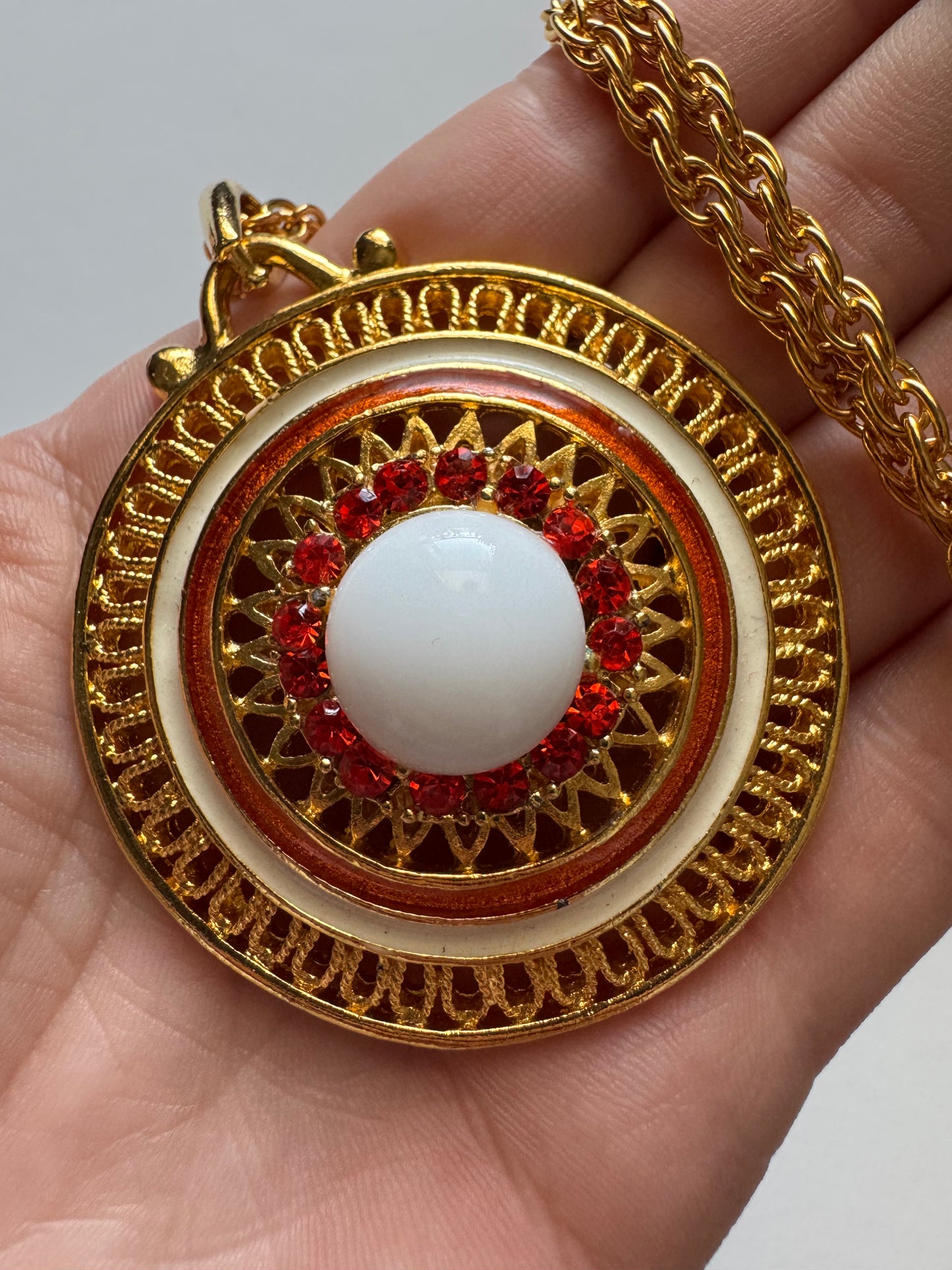 Vintage Enamel & Rhinestone Medallion Pendant Necklace