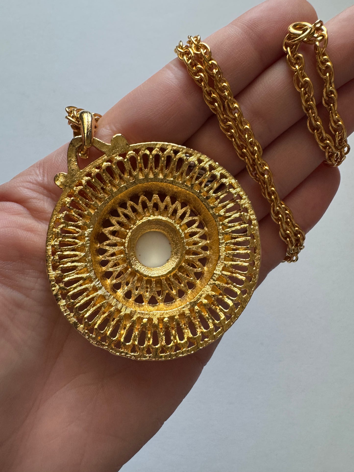 Vintage Enamel & Rhinestone Medallion Pendant Necklace