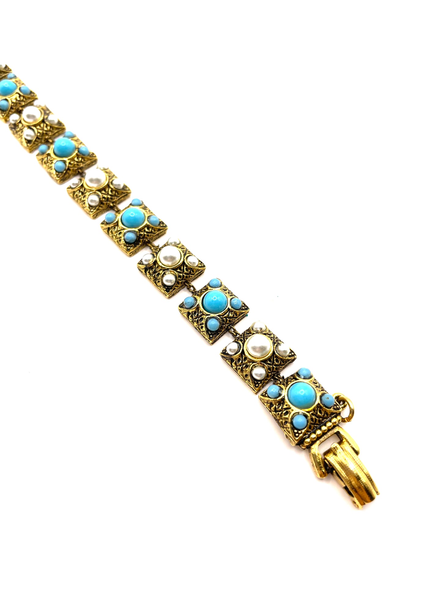 Vintage Faux Pearls and Turquoise Link Bracelet