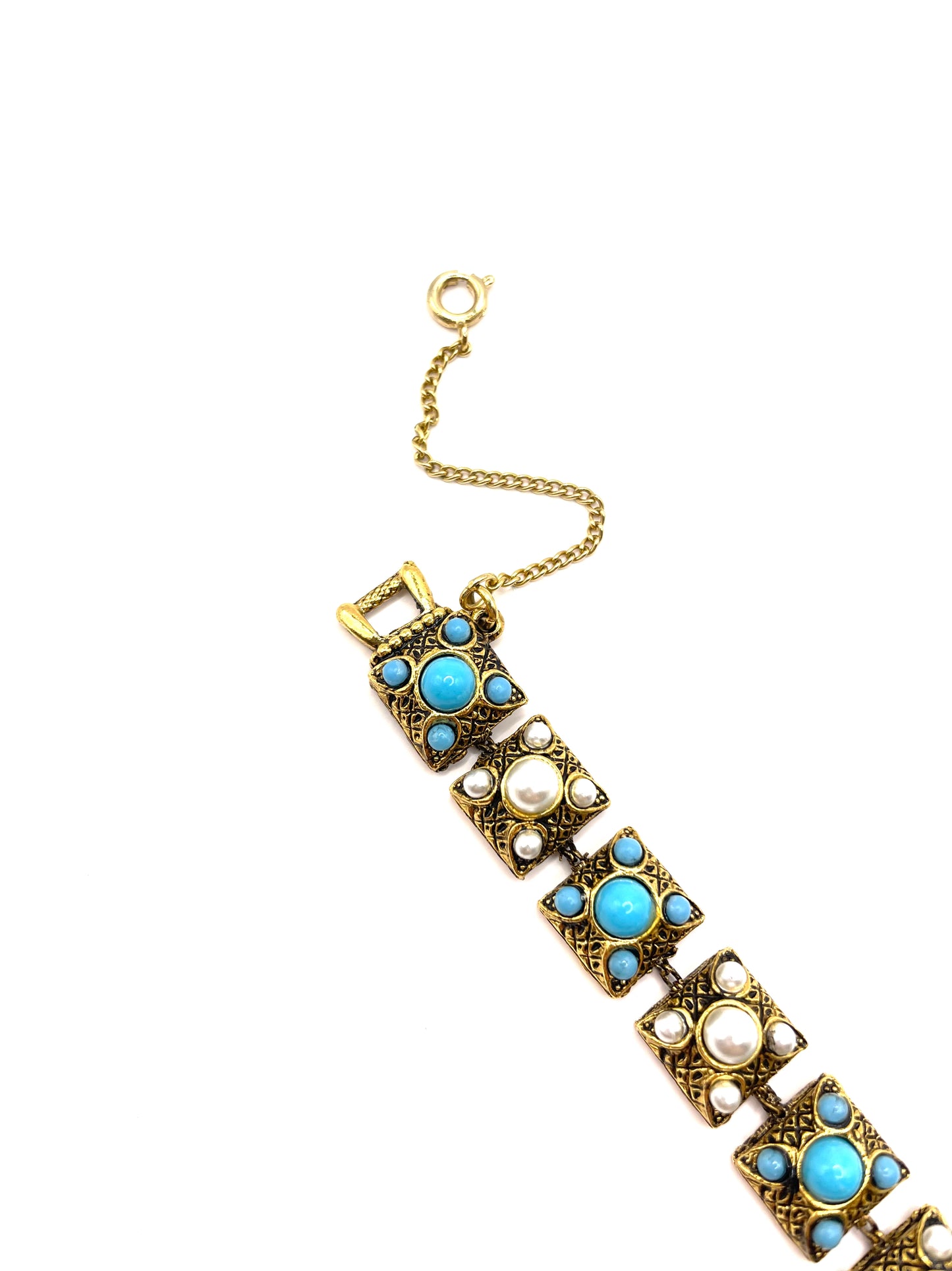 Vintage Faux Pearls and Turquoise Link Bracelet