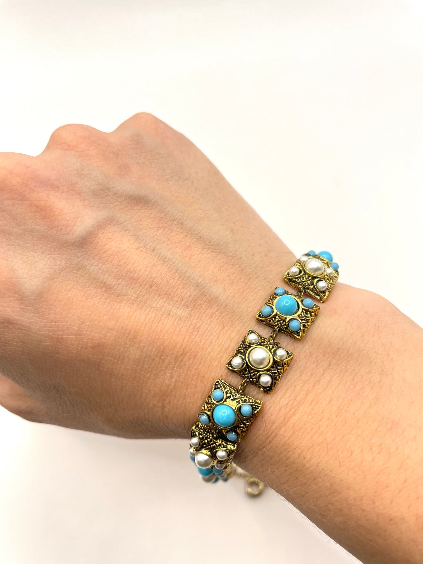 Vintage Faux Pearls and Turquoise Link Bracelet