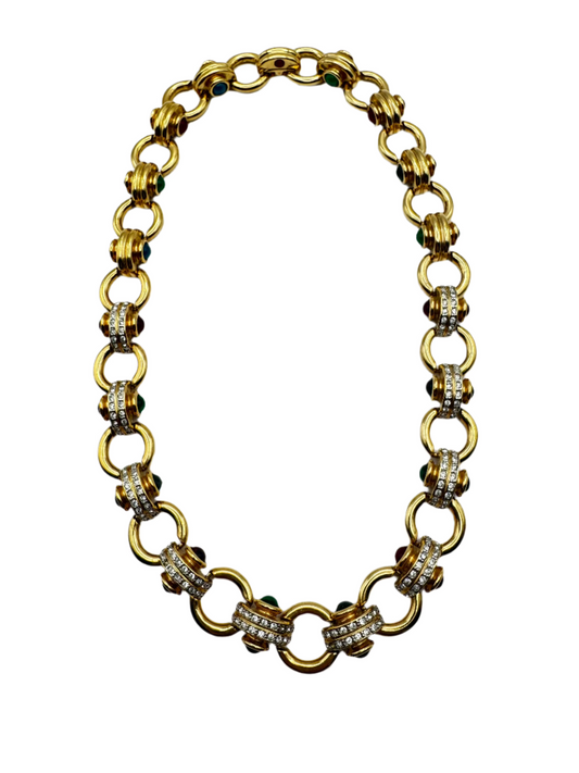Vintage Gold Plated Lucite Cabochon Rhinestone Collar Necklace 1980s