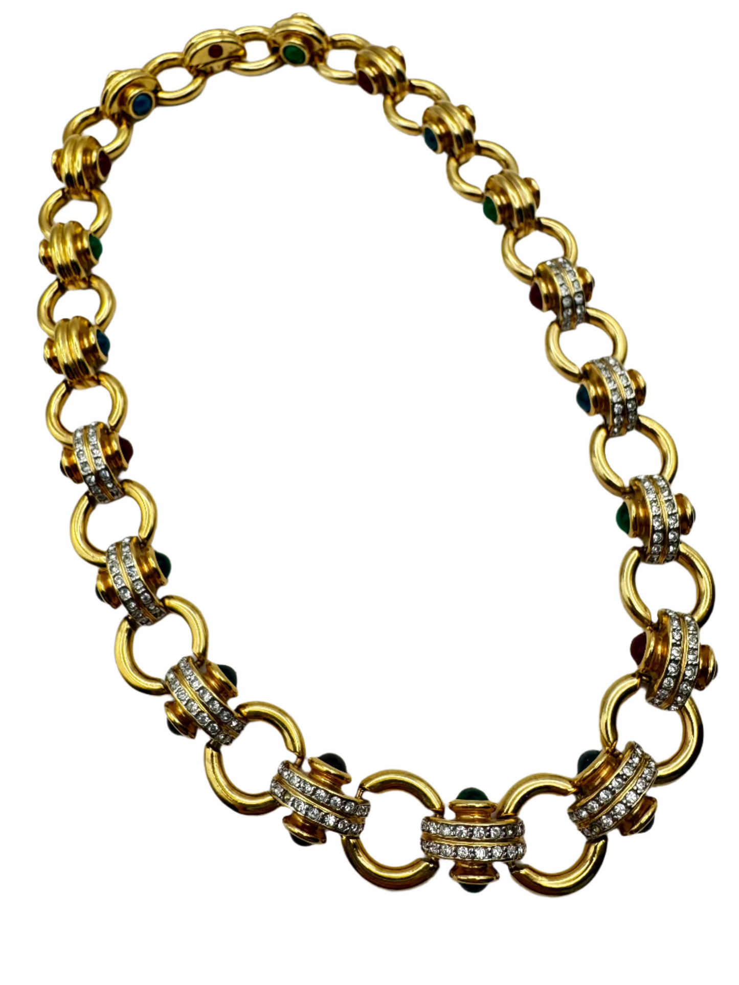 Vintage Gold Plated Lucite Cabochon Rhinestone Collar Necklace 1980s
