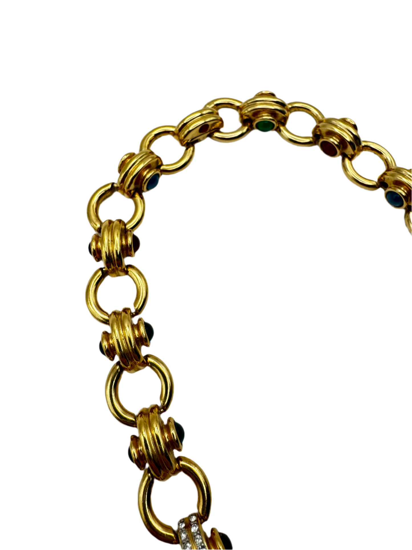 Vintage Gold Plated Lucite Cabochon Rhinestone Collar Necklace 1980s