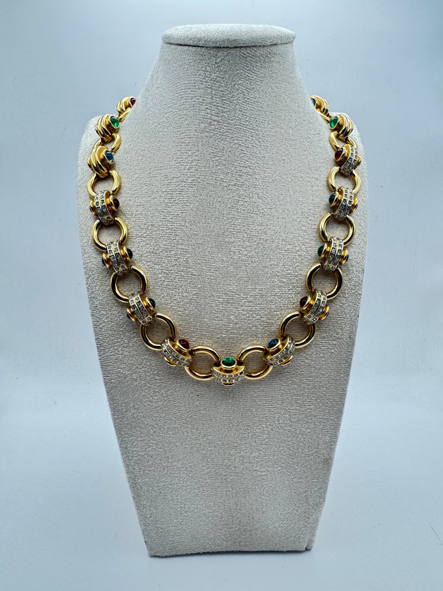 Vintage Gold Plated Lucite Cabochon Rhinestone Collar Necklace 1980s
