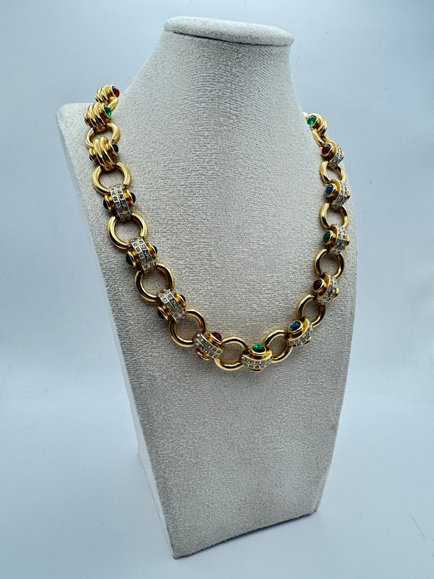 Vintage Gold Plated Lucite Cabochon Rhinestone Collar Necklace 1980s