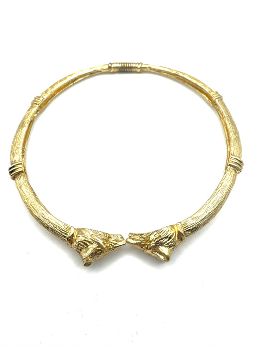Vintage Textured Gold-Tone Hinged Collar Necklace with Fox Head