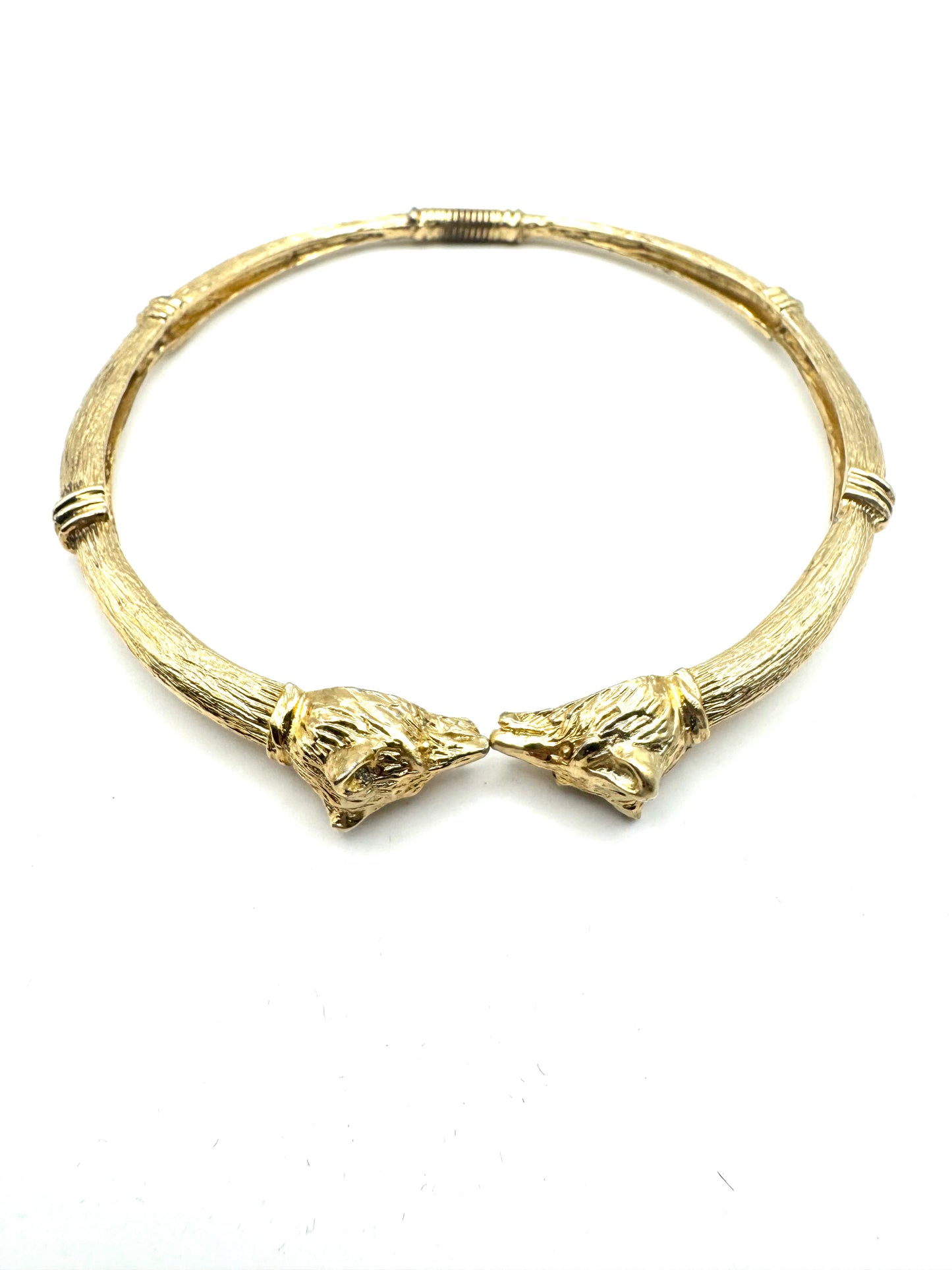 Vintage Textured Gold-Tone Hinged Collar Necklace with Fox Head