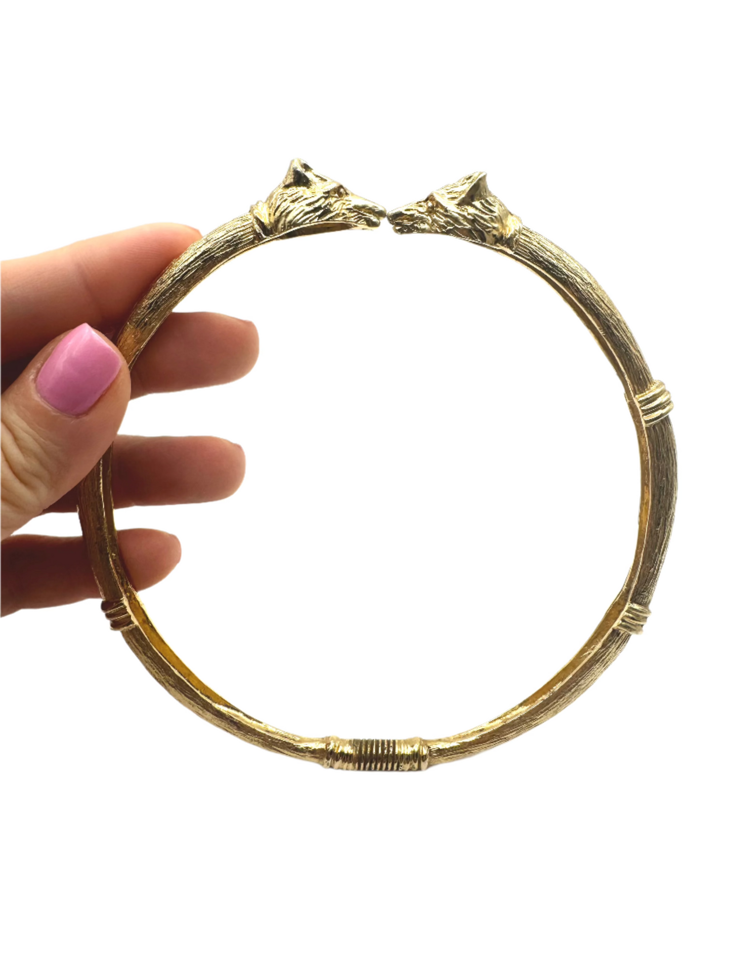 Vintage Textured Gold-Tone Hinged Collar Necklace with Fox Head