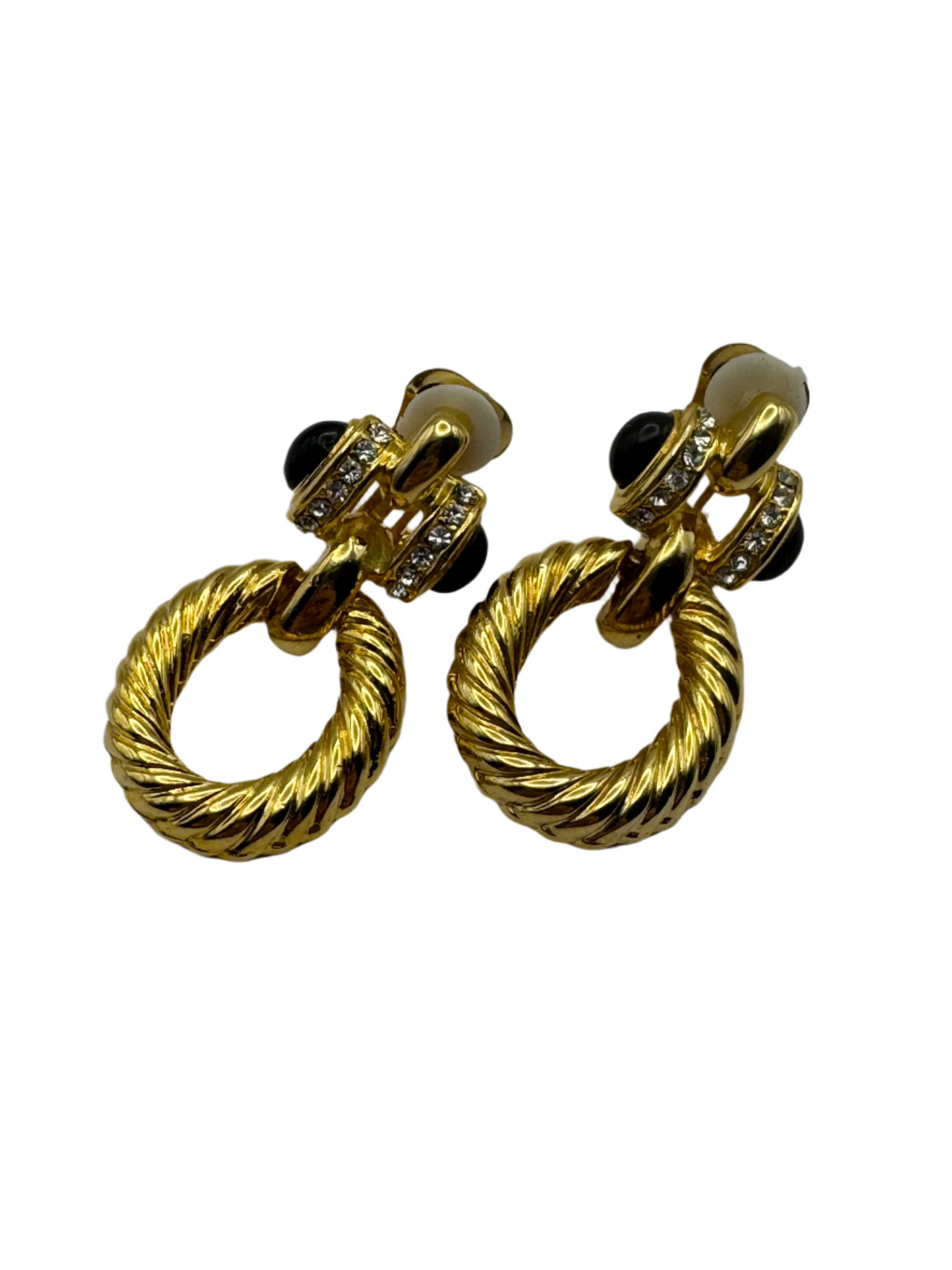 Vintage Gold-Tone Clip-On Earrings with Black Cabochons & Rhinestones 1980s