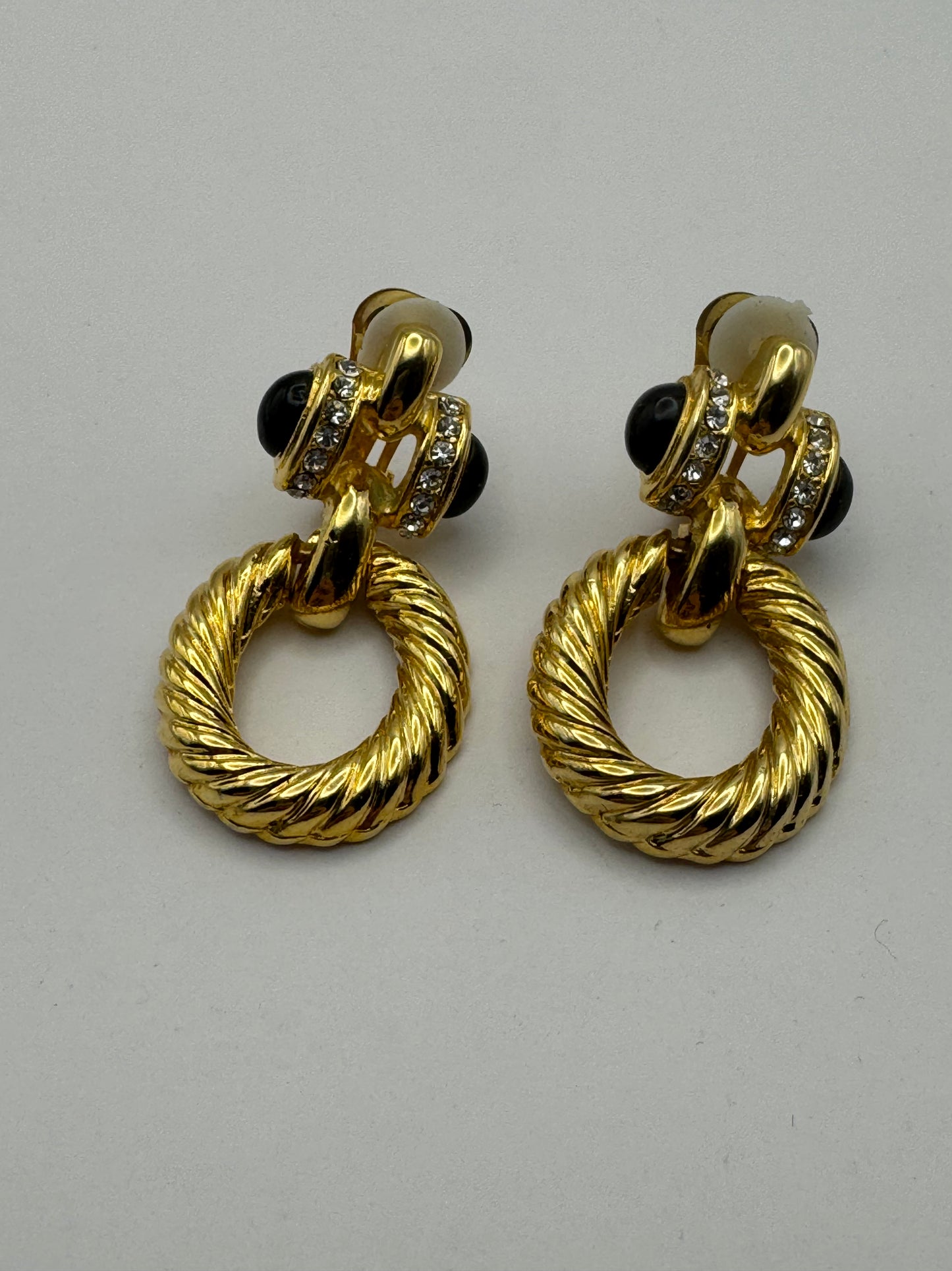 Vintage Gold-Tone Clip-On Earrings with Black Cabochons & Rhinestones 1980s