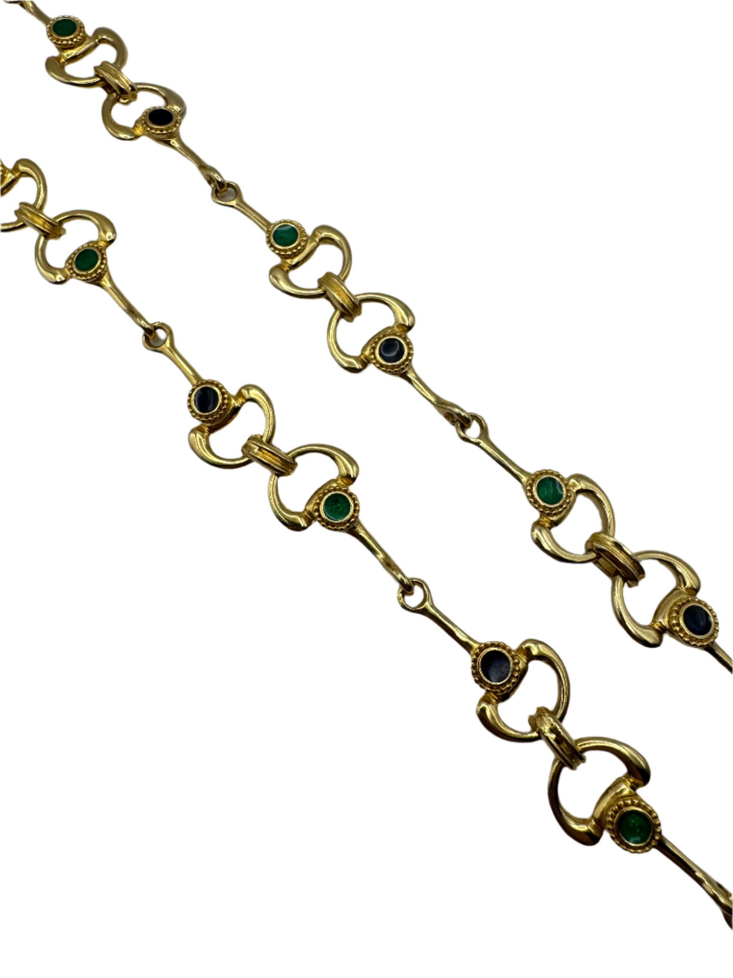 Vintage Gold Tone Link Necklace with Navy and Emerald Green Enamel Accents