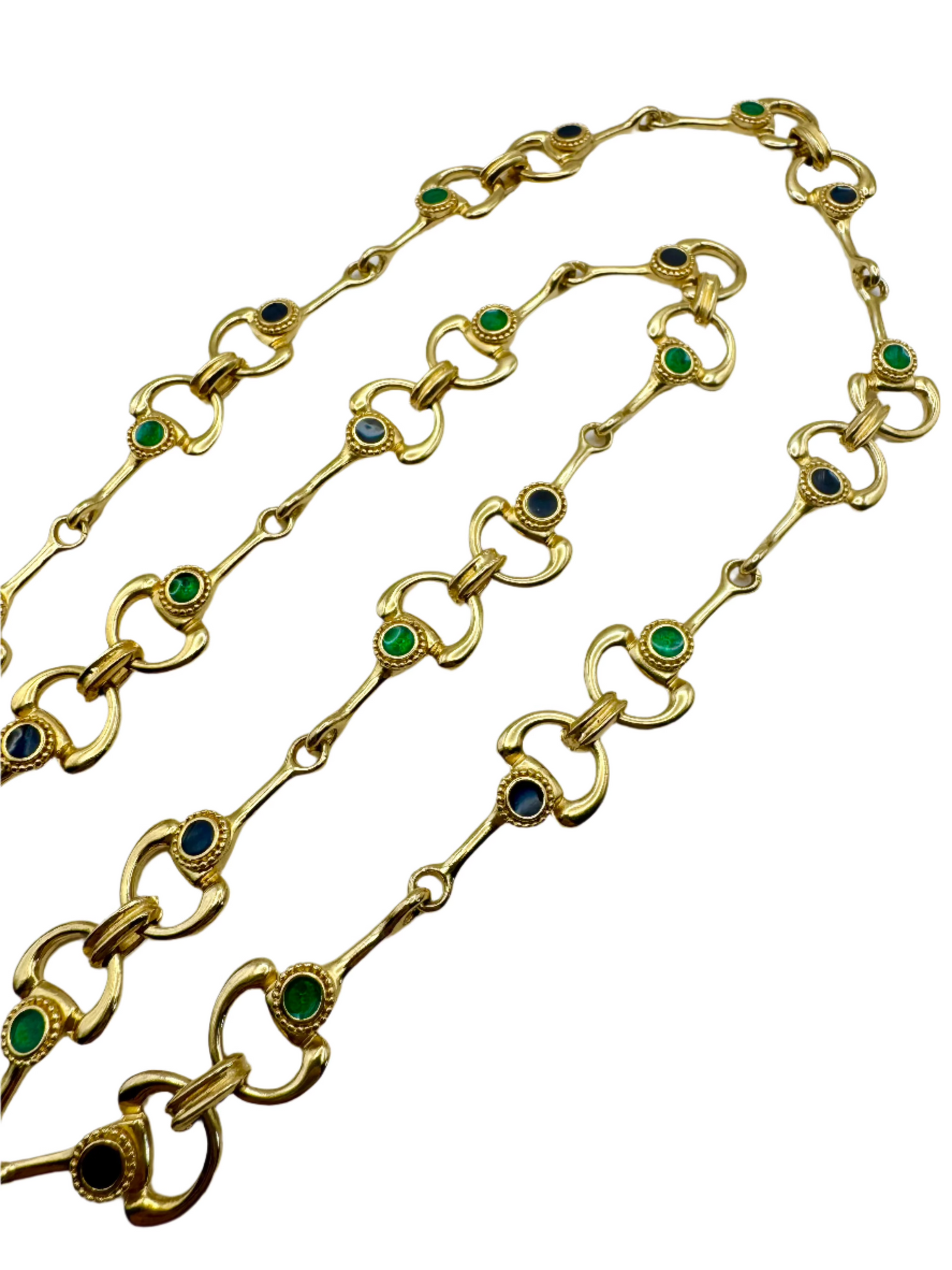 Vintage Gold Tone Link Necklace with Navy and Emerald Green Enamel Accents