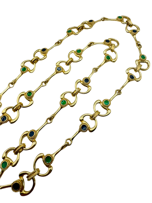 Vintage Gold Tone Link Necklace with Navy and Emerald Green Enamel Accents