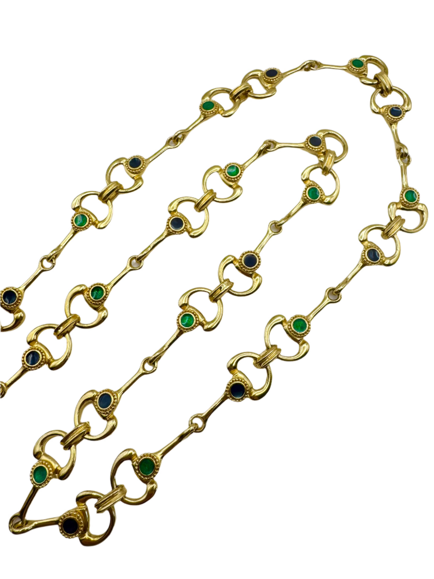Vintage Gold Tone Link Necklace with Navy and Emerald Green Enamel Accents