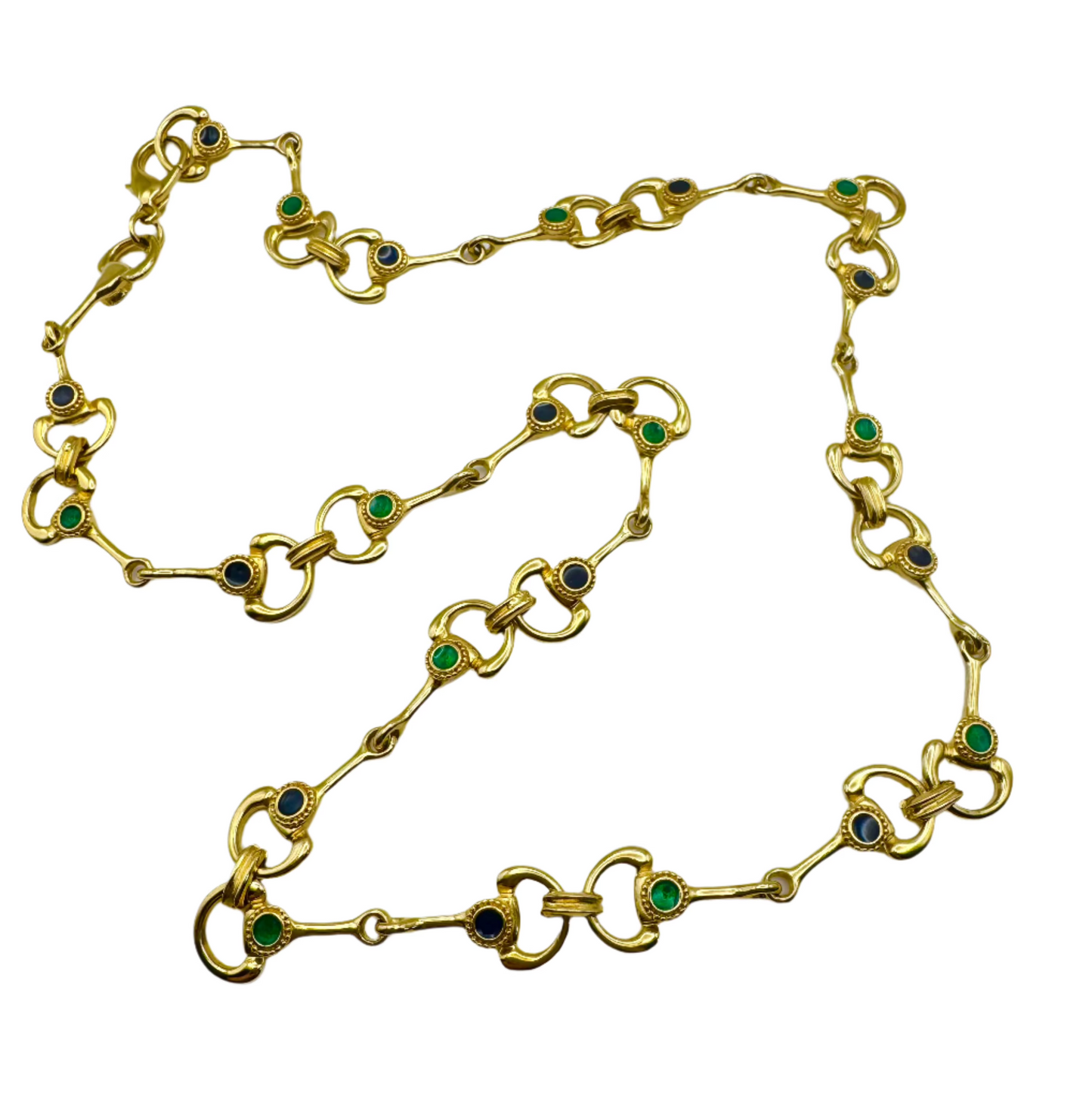 Vintage Gold Tone Link Necklace with Navy and Emerald Green Enamel Accents