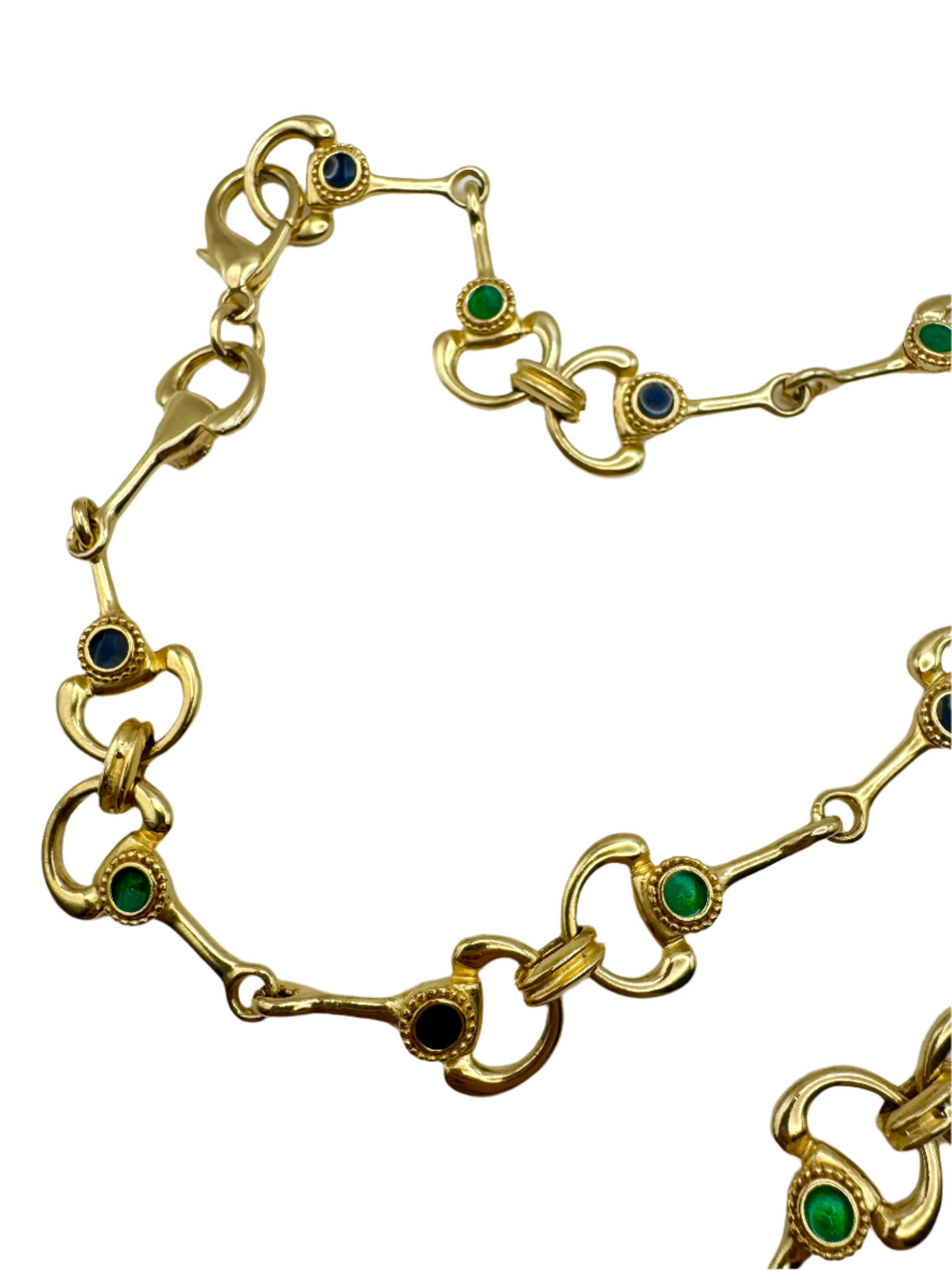 Vintage Gold Tone Link Necklace with Navy and Emerald Green Enamel Accents