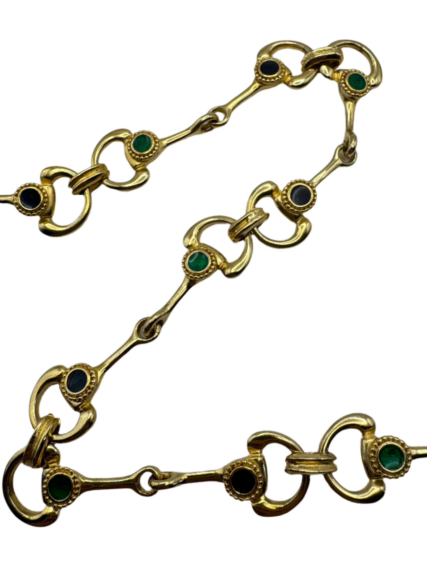 Vintage Gold Tone Link Necklace with Navy and Emerald Green Enamel Accents