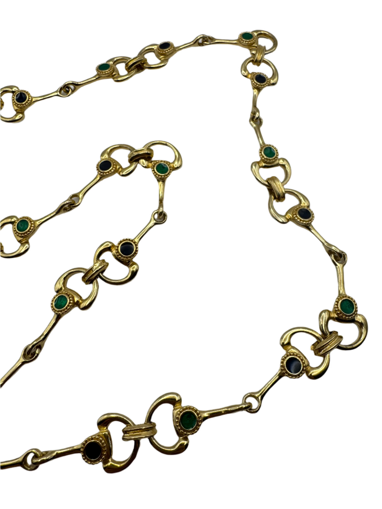 Vintage Gold Tone Link Necklace with Navy and Emerald Green Enamel Accents