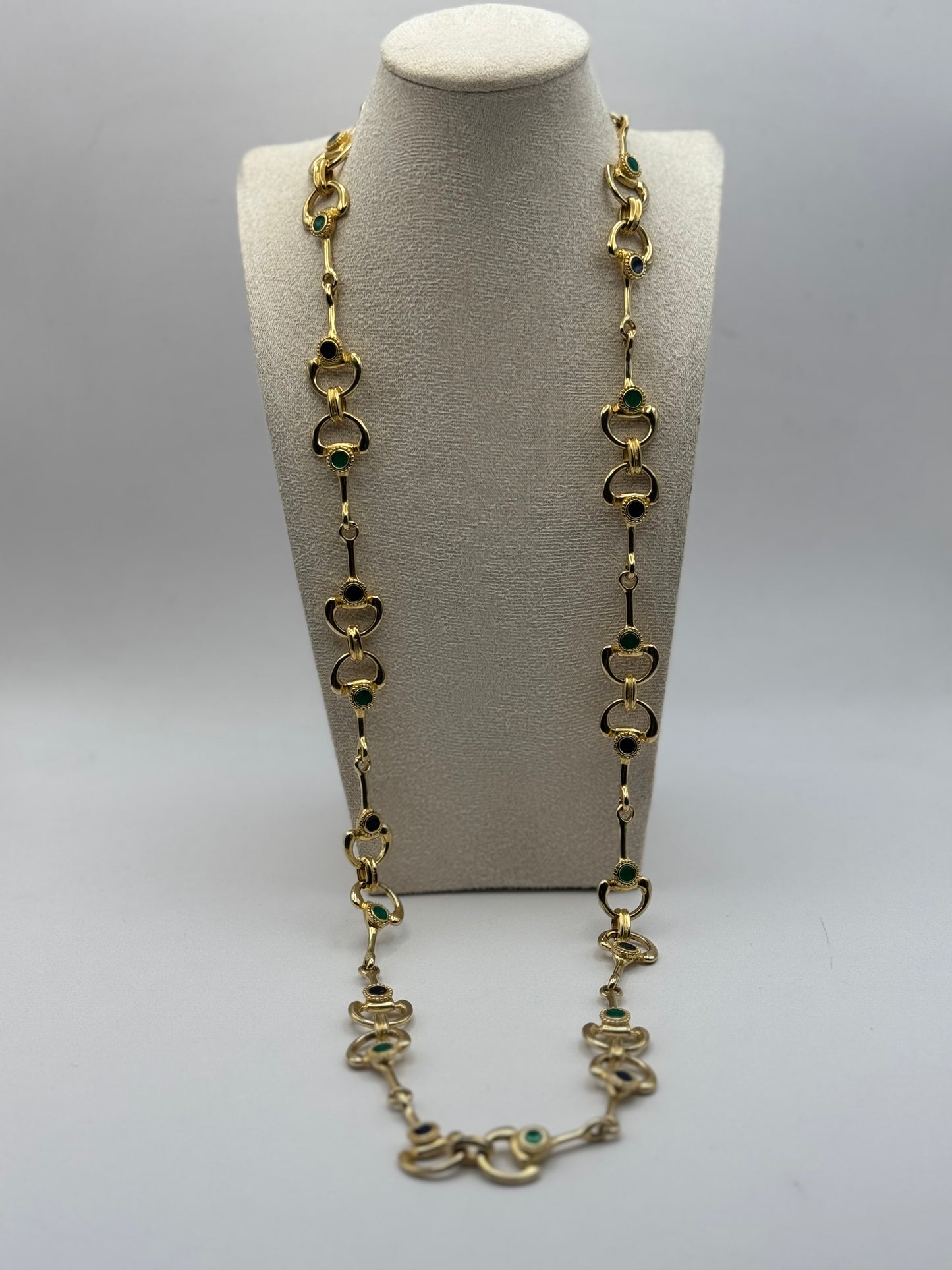 Vintage Gold Tone Link Necklace with Navy and Emerald Green Enamel Accents