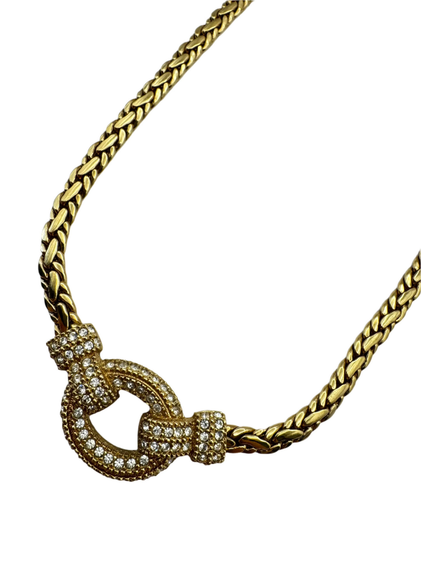 Vintage Christian Dior Gold Tone Circle Crystal Center Chain Necklace
