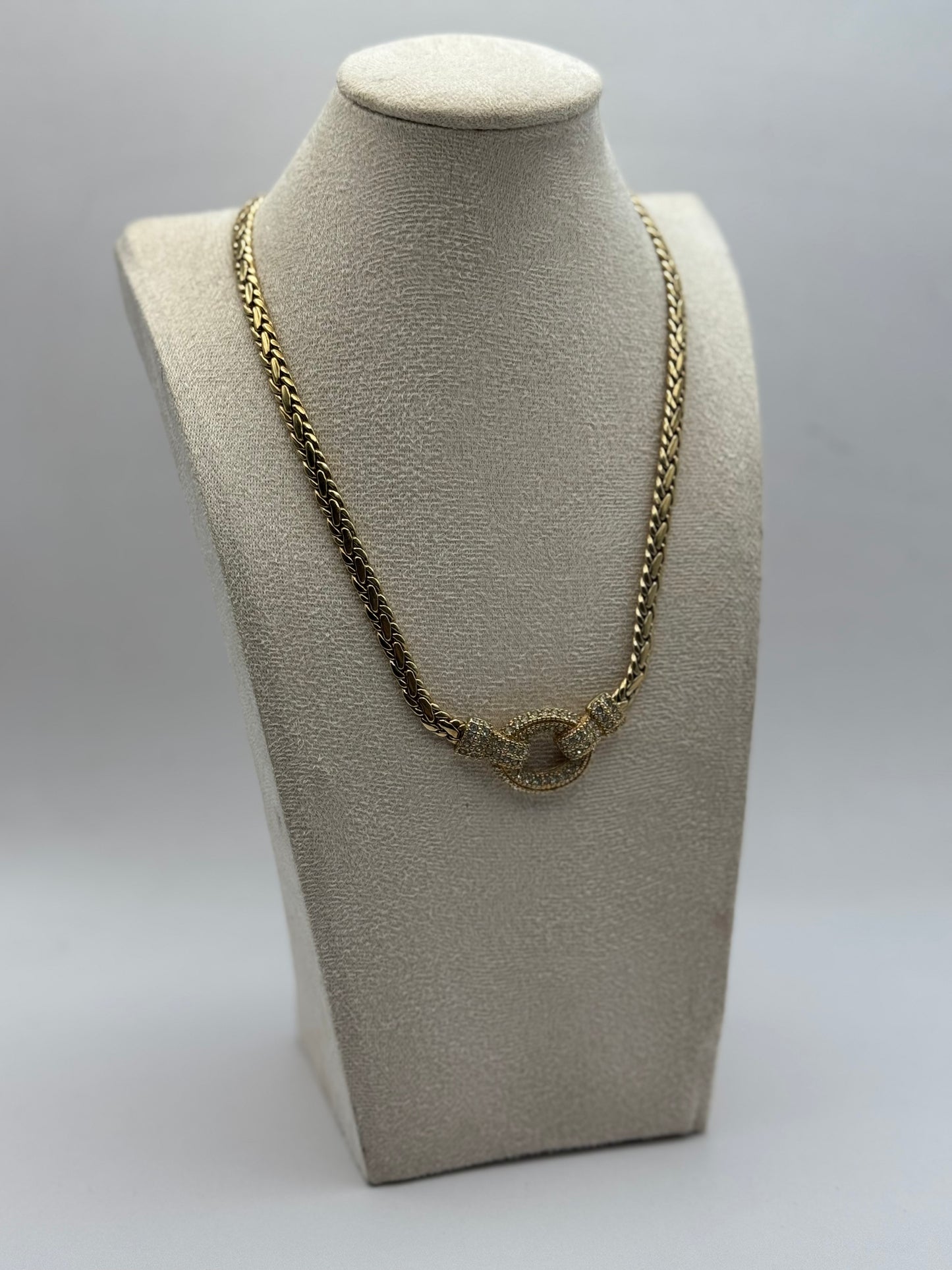 Vintage Christian Dior Gold Tone Circle Crystal Center Chain Necklace