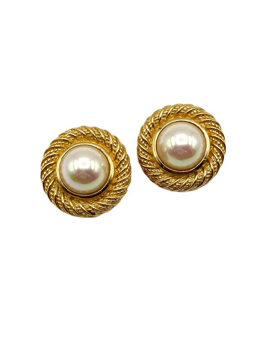 Vintage Christian Dior Gold Tone Faux Pearl Clip-On Earrings