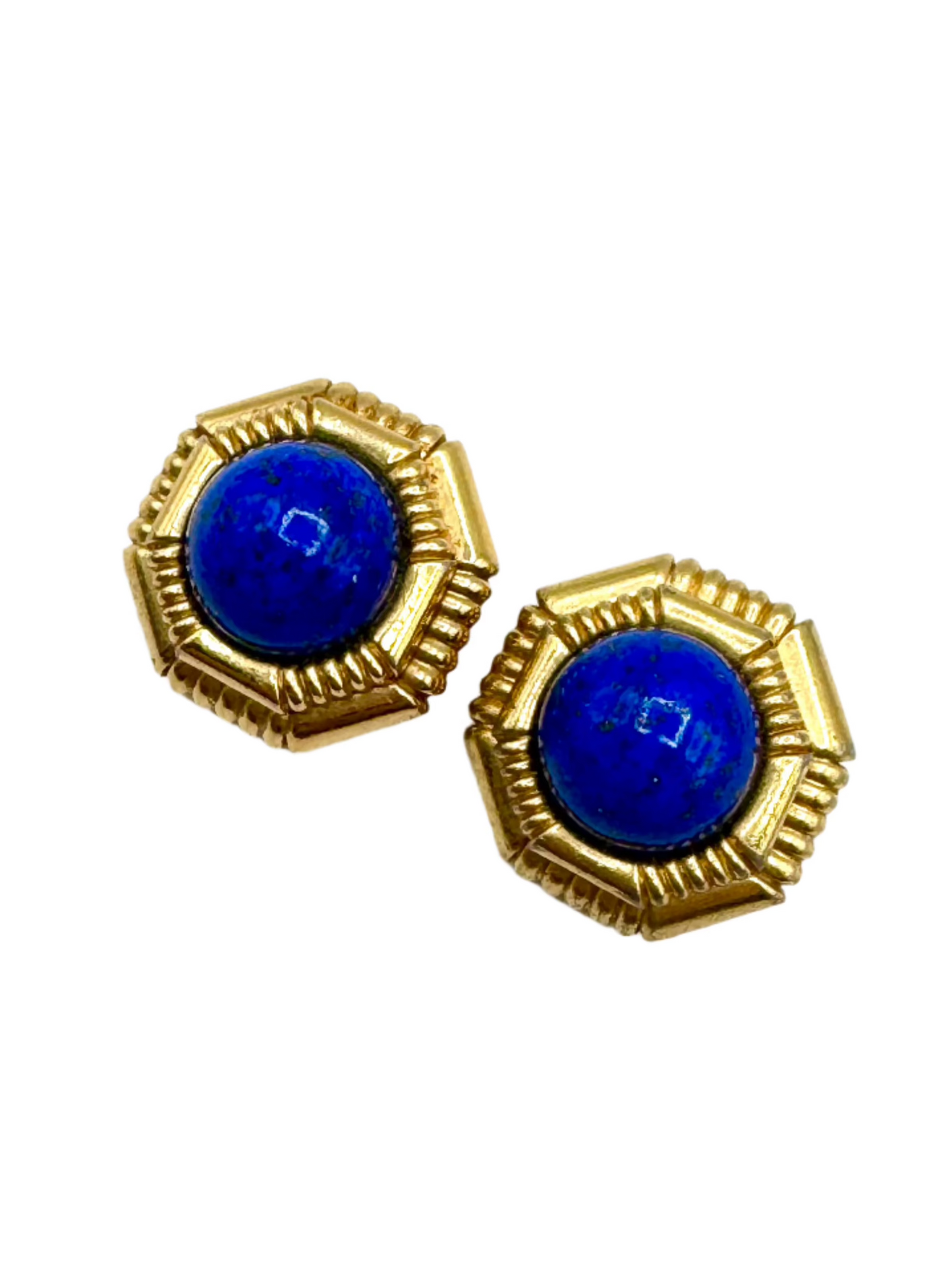 Vintage Ciner Lapis Blue Glass Cabochon Clip-On Earrings – Hexagon Statement Design