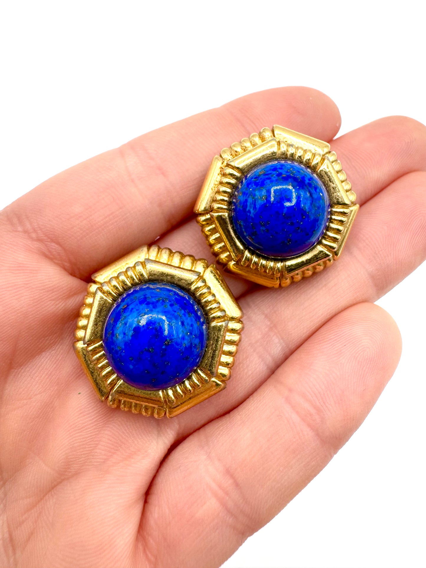 Vintage Ciner Lapis Blue Glass Cabochon Clip-On Earrings – Hexagon Statement Design