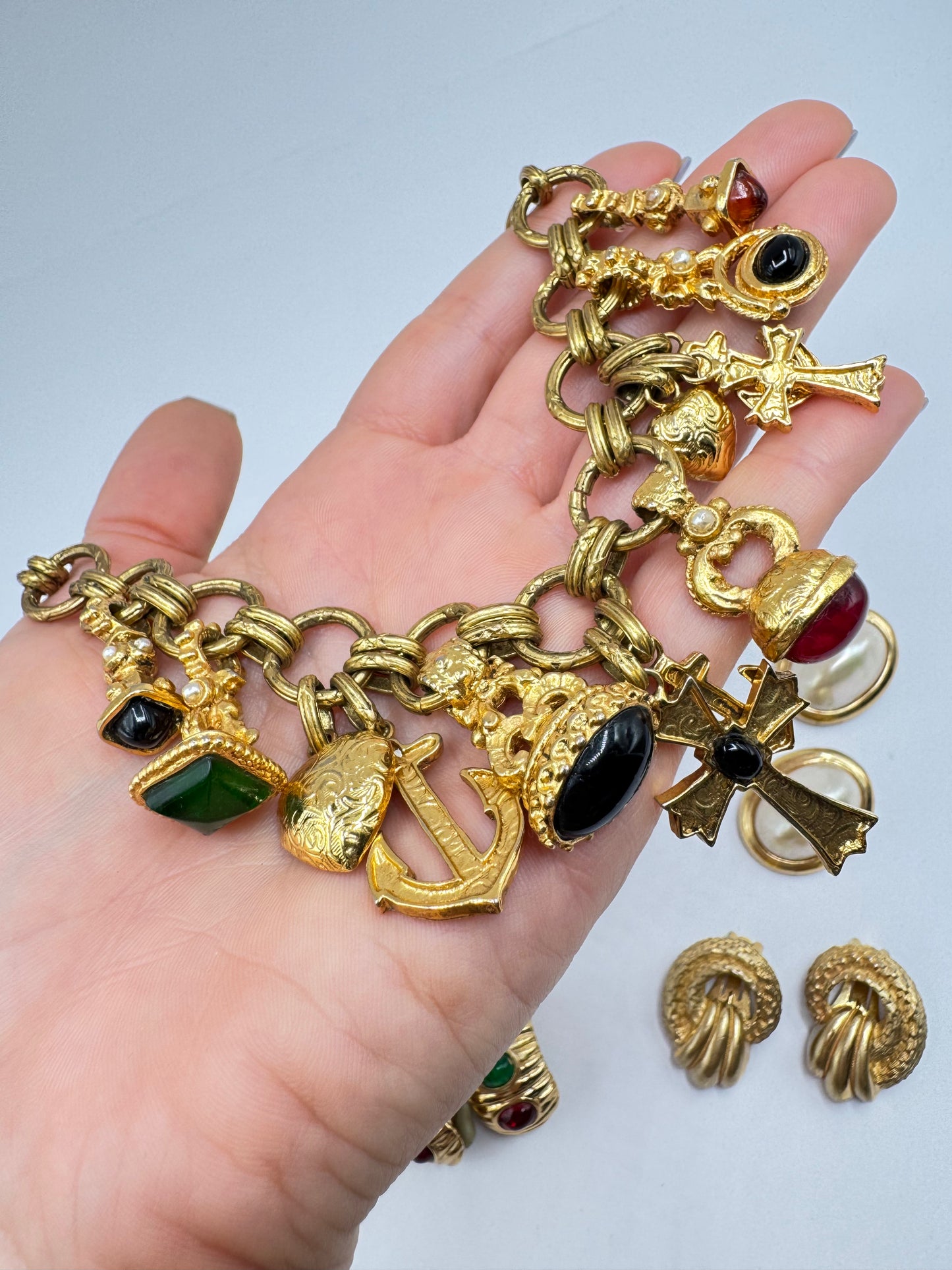 Vintage Byzantine Charm Necklace with Lucite Cabochons & Religious Motifs