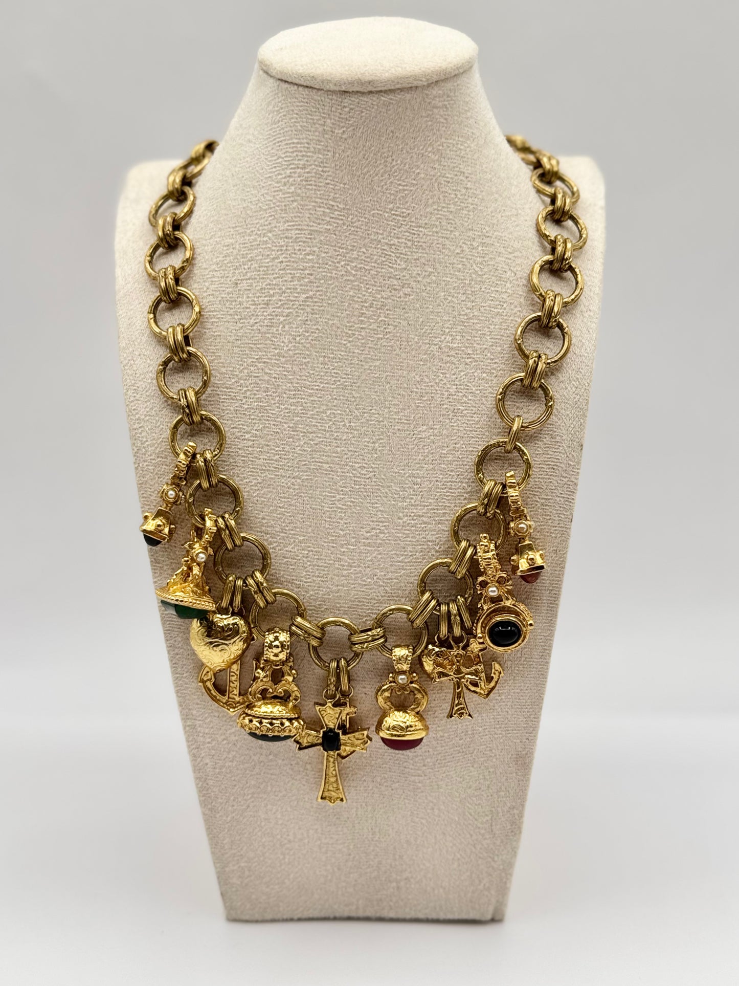 Vintage Byzantine Charm Necklace with Lucite Cabochons & Religious Motifs