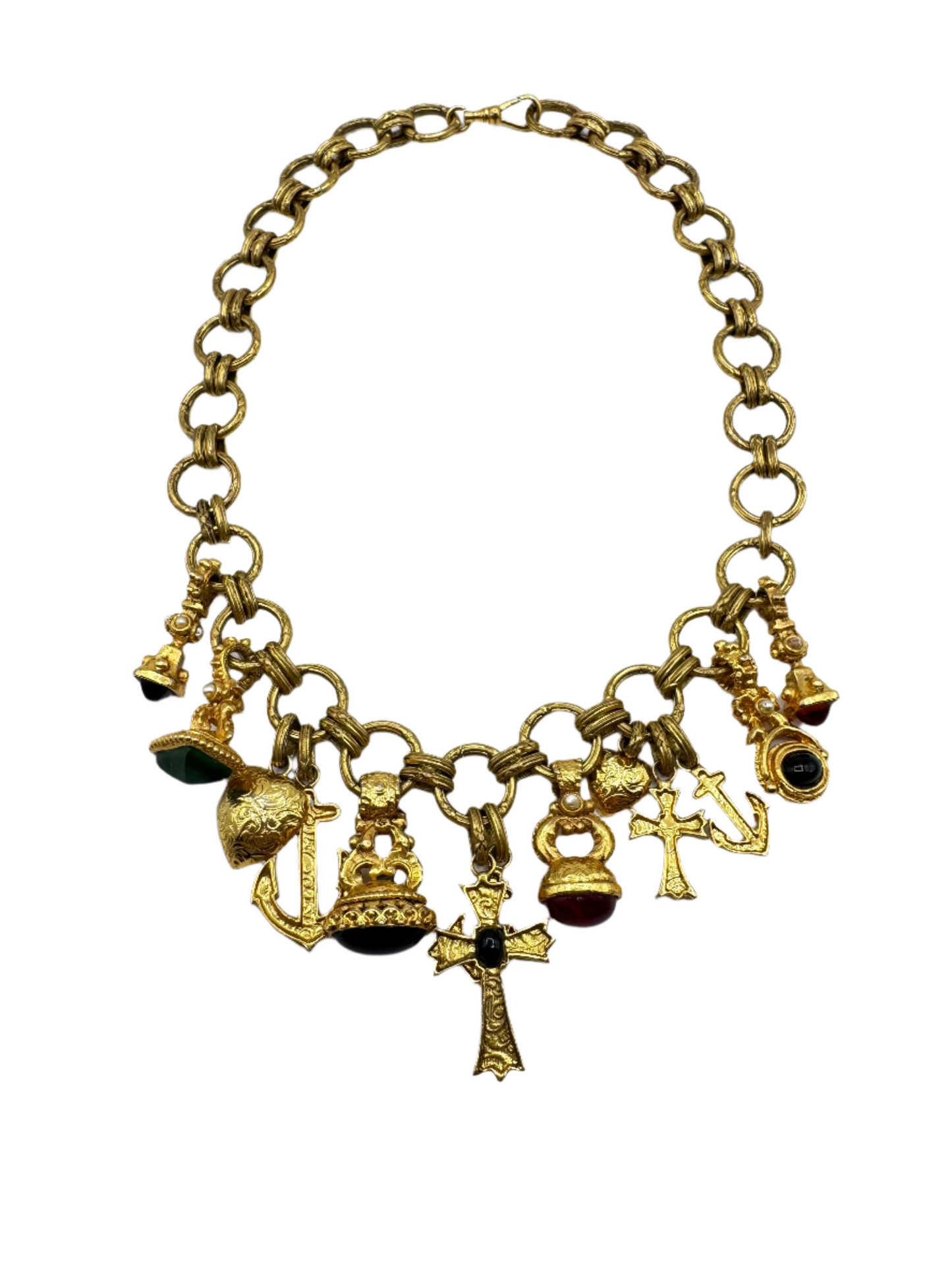 Vintage Byzantine Charm Necklace with Lucite Cabochons & Religious Motifs