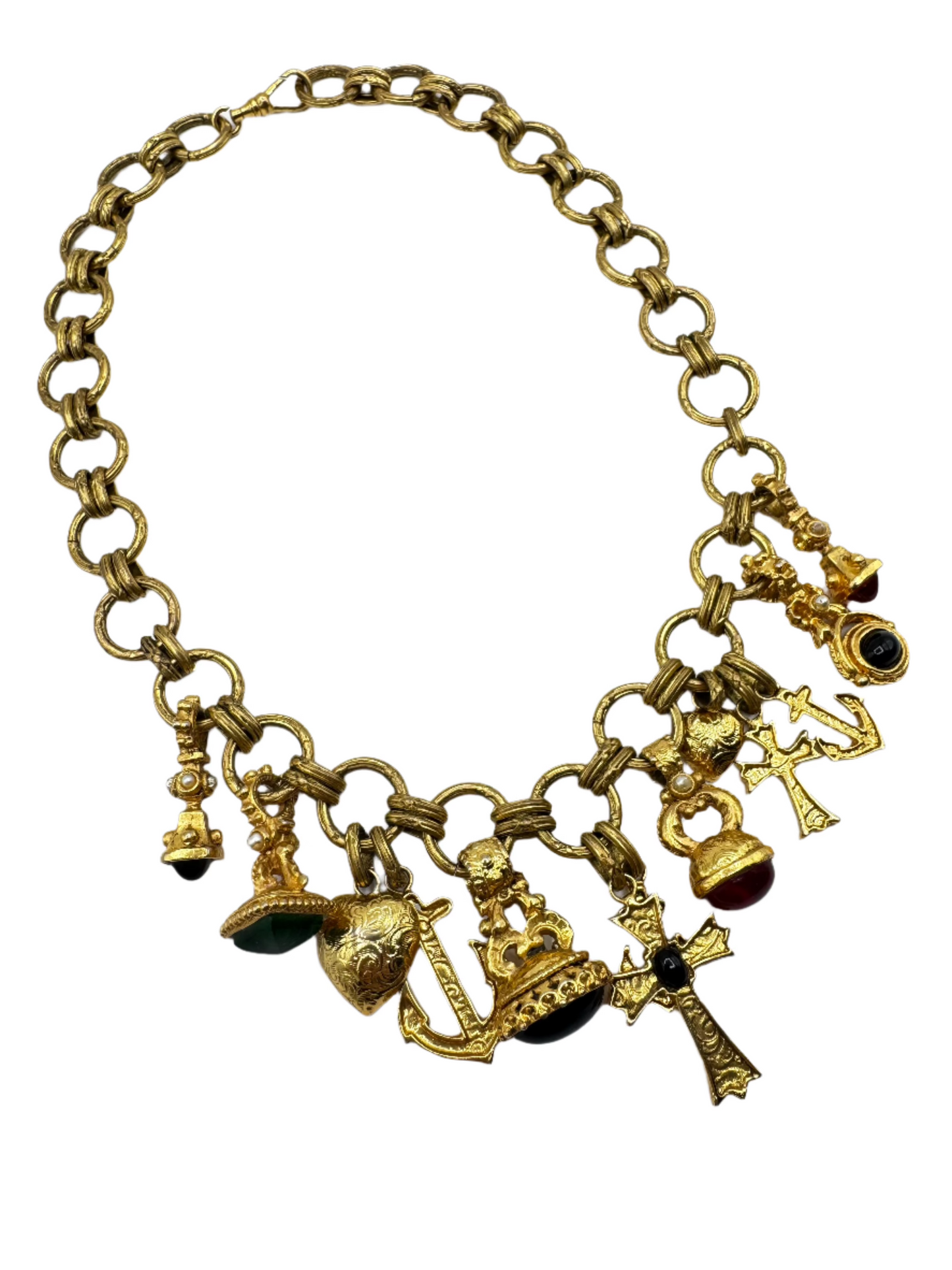 Vintage Byzantine Charm Necklace with Lucite Cabochons & Religious Motifs
