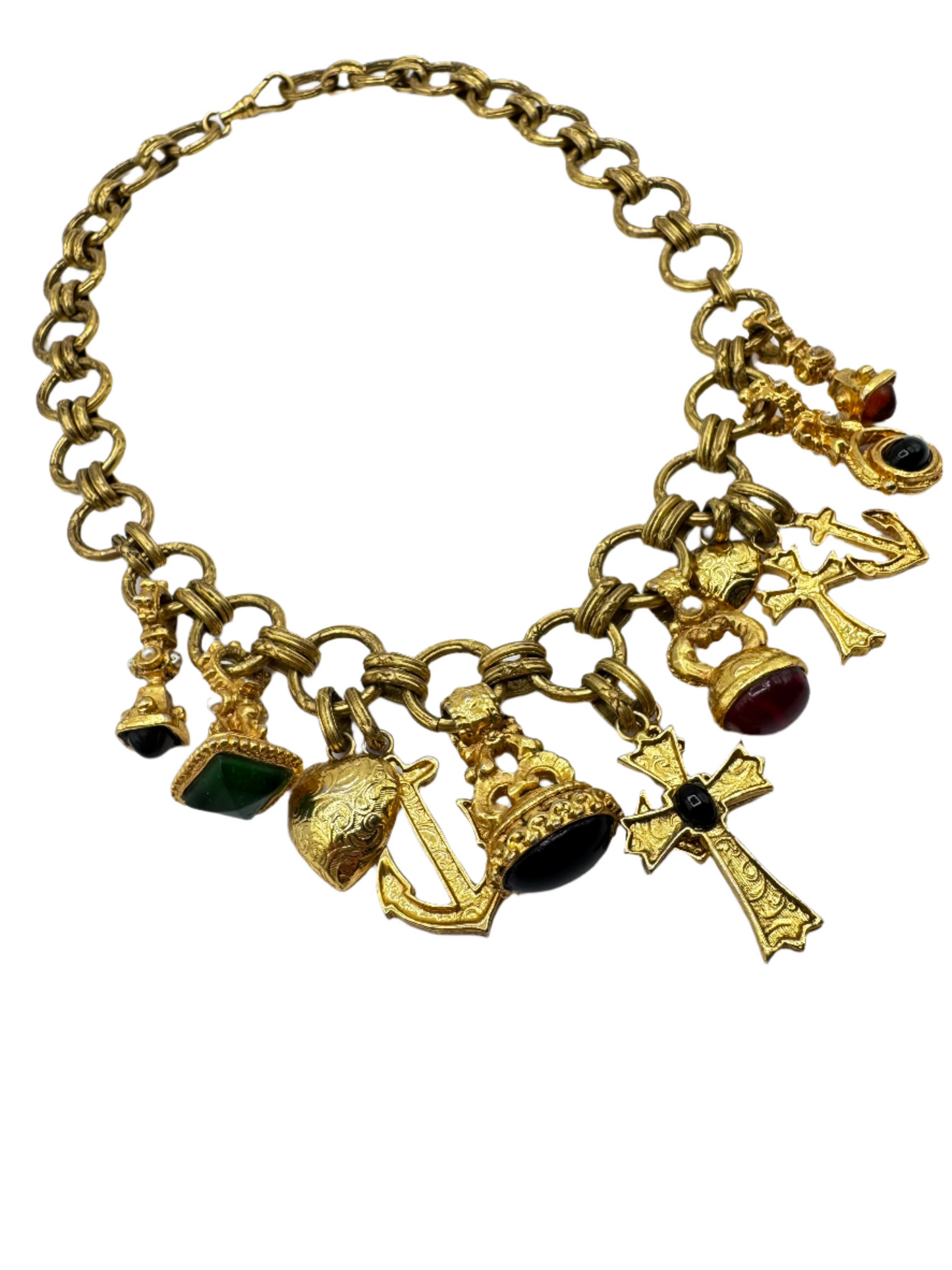 Vintage Byzantine Charm Necklace with Lucite Cabochons & Religious Motifs