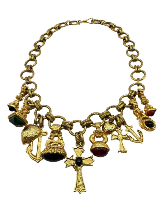 Vintage Byzantine Charm Necklace with Lucite Cabochons & Religious Motifs