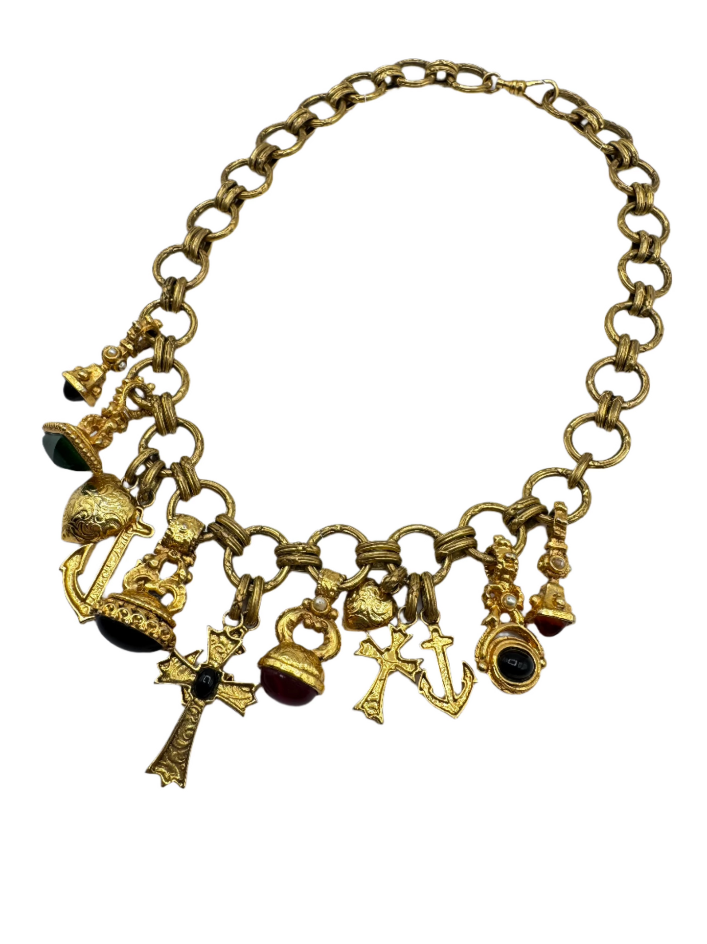 Vintage Byzantine Charm Necklace with Lucite Cabochons & Religious Motifs