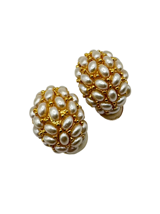 Vintage Kenneth Lane Cluster Clip-On Earrings with Faux Pearls