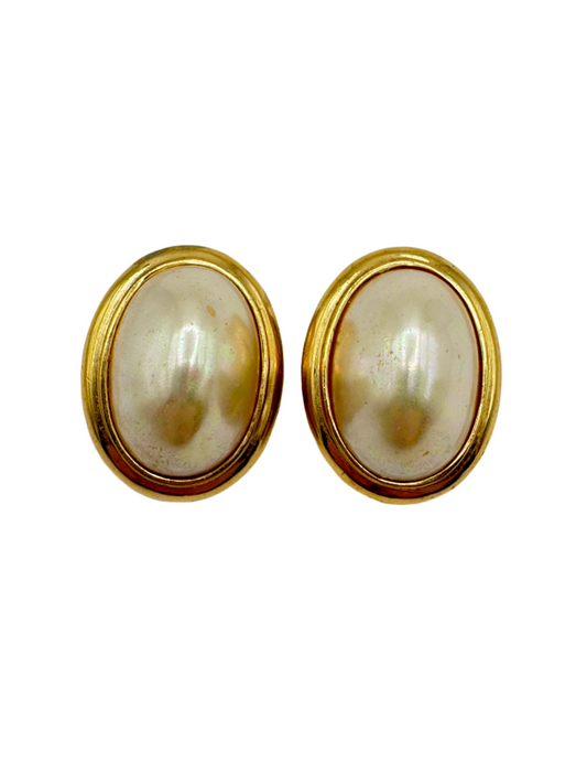 Vintage Ciner Clip-On Earrings with Faux Pearl Cabochons
