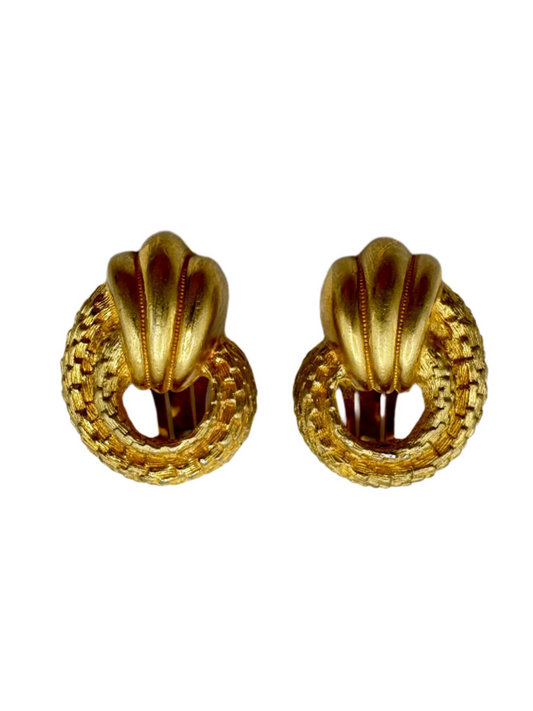 Vintage Christian Dior Textured Gold Clip-On Earrings, 1980s