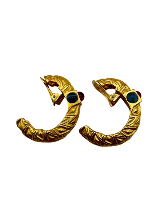 Vintage Textured Gold Clip-On Earrings with Cabochon Glass Accents, 1980s Bold Style