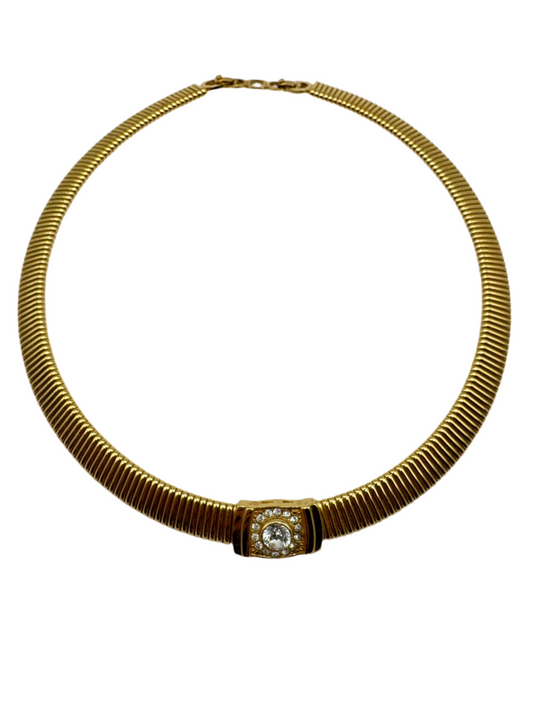 Vintage Christian Dior Gold-Tone Tubogas Necklace with Crystal Centerpiece