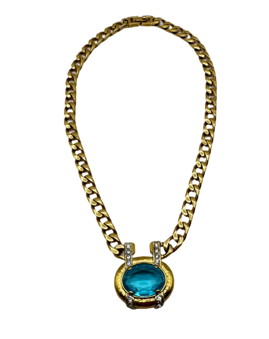 Vintage Monet Statement Necklace with Bold Blue Glass Stone Centerpiece