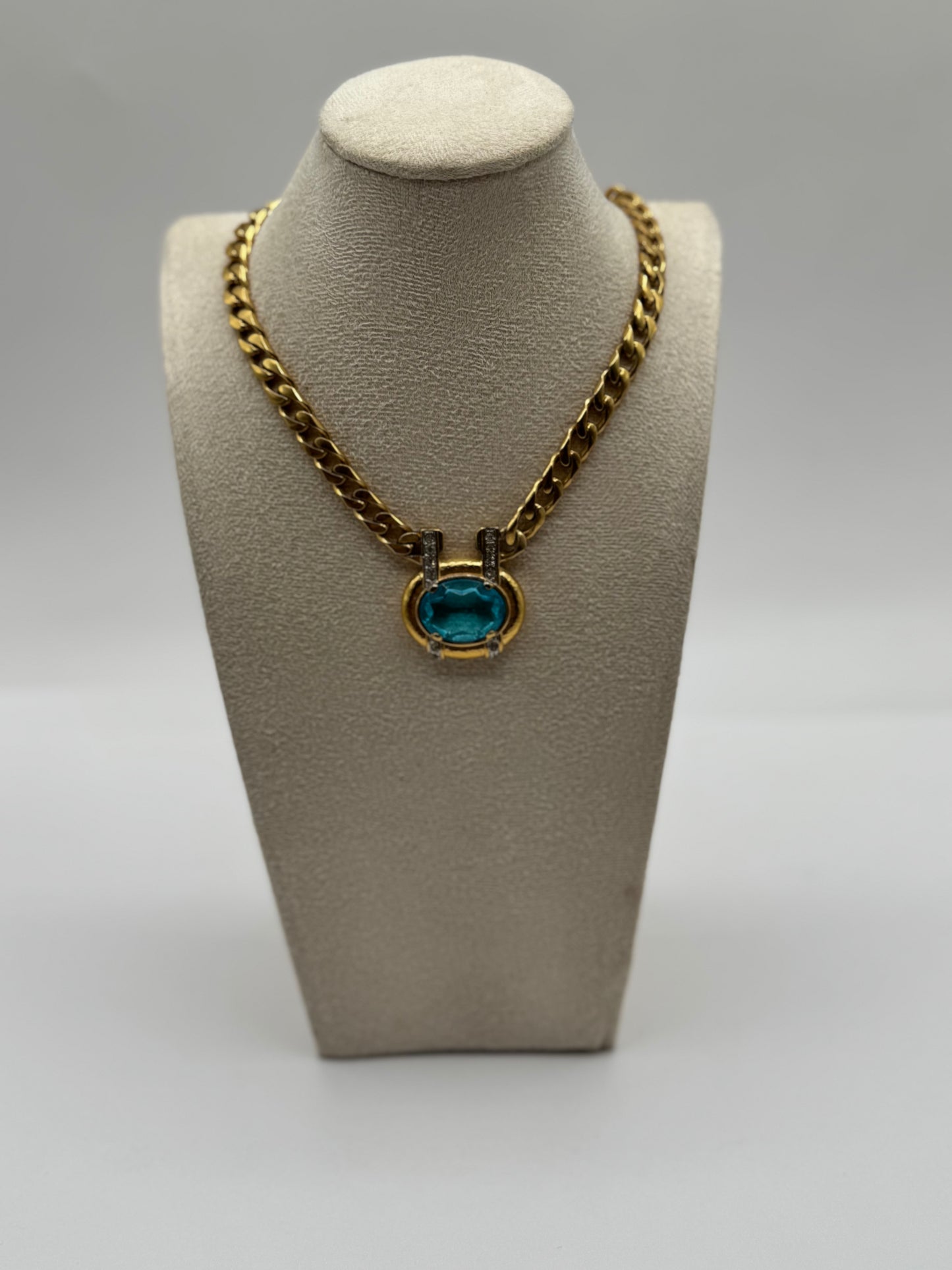 Vintage Monet Statement Necklace with Bold Blue Glass Stone Centerpiece