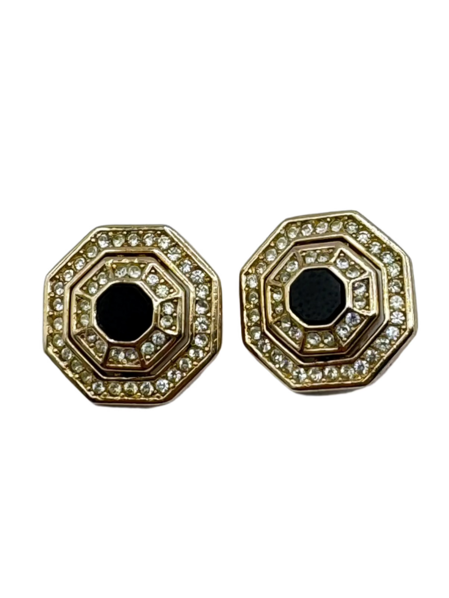 Vintage Grosse Octagonal Earrings with Black Center & Pave Crystals