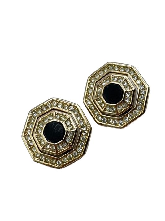 Vintage Grosse Octagonal Earrings with Black Center & Pave Crystals