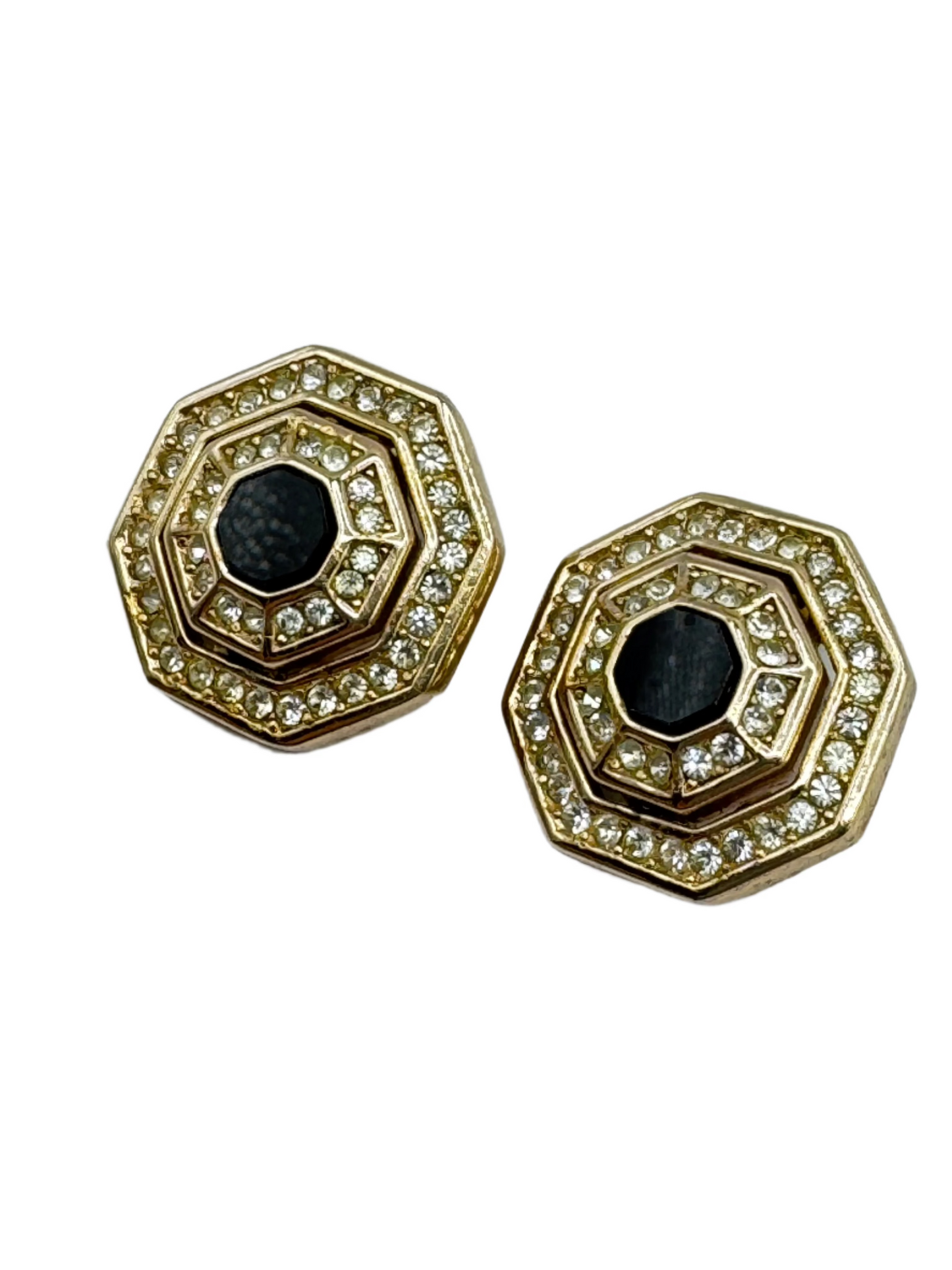Vintage Grosse Octagonal Earrings with Black Center & Pave Crystals