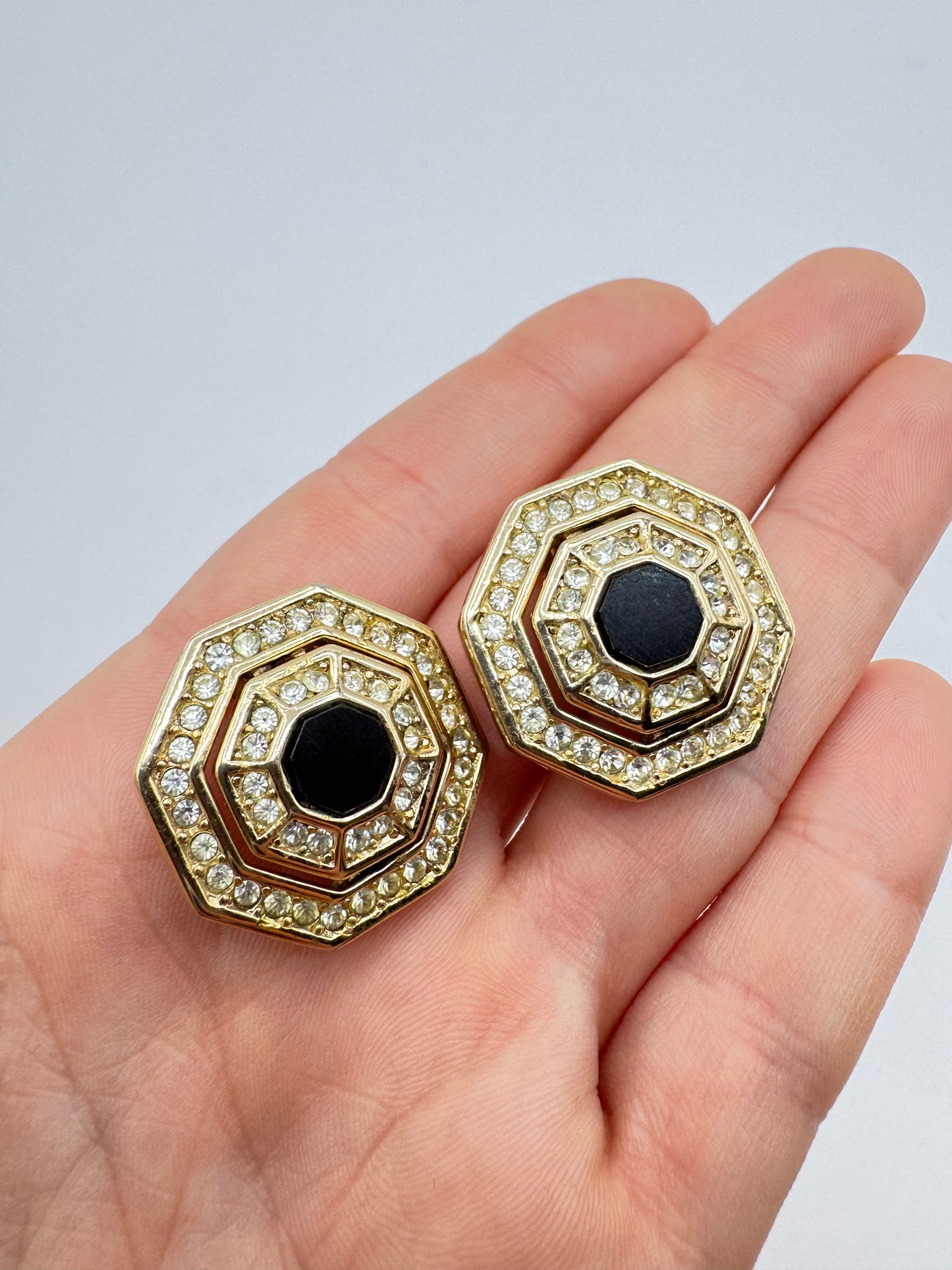 Vintage Grosse Octagonal Earrings with Black Center & Pave Crystals