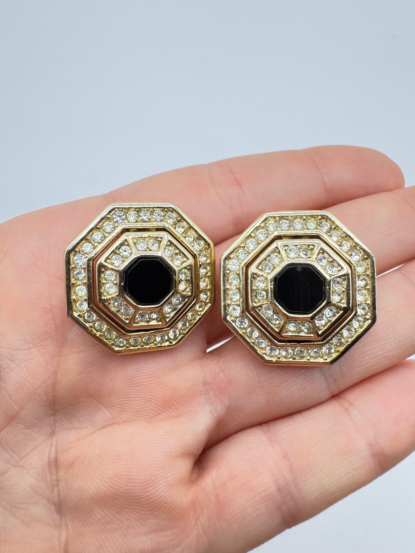 Vintage Grosse Octagonal Earrings with Black Center & Pave Crystals