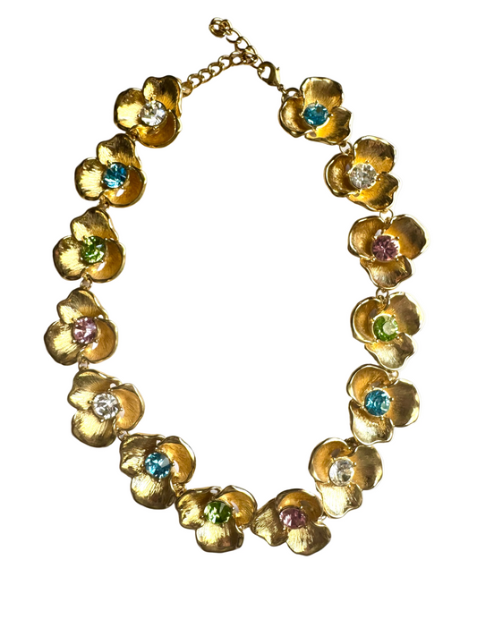 Vintage Kenneth Jay Lane Floral Statement Necklace with Colorful Rhinestones – Gold Tone