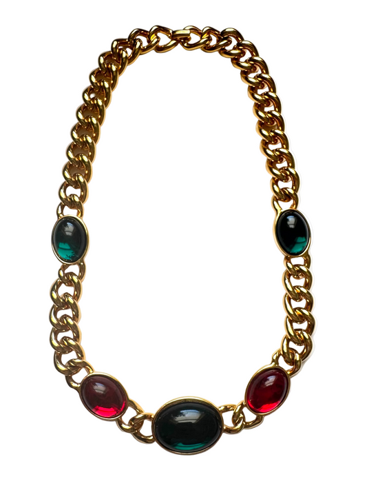 Vintage Kenneth Jay Lane Gold Tone Green Red Lucite Cabochons Statement Necklace